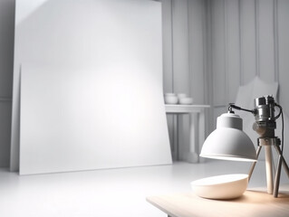 White room with tiny lamp. Generative AI.