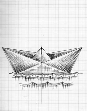 Pencil Drawing of paper boat. Hand drawn vector sketch.