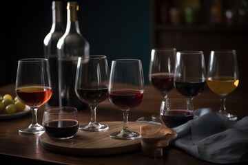 Savor the essence of fine wine. Wineglass on the table with our exquisite collection of tasting wine. Capturing the ritual and refinement of wine-tasting. Generative AI