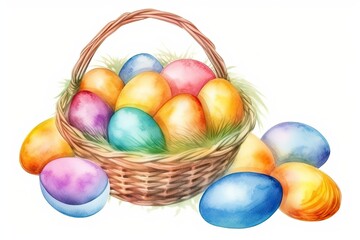 vibrant basket overflowing with colorful Easter eggs. Generative AI