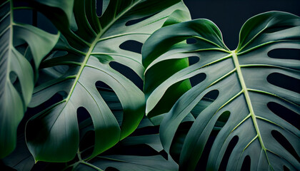 Obraz na płótnie Canvas Close-up detail of Monstera deliciosa leaves as a luxury and minimalist background with generative ai