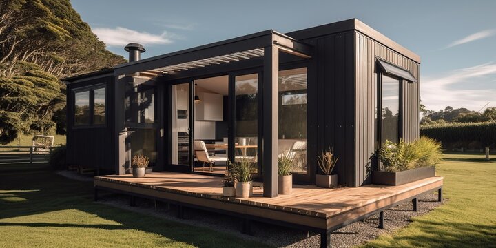 Tiny house with light-filled and airy minimalistic interior, concept of Space-saving design, created with Generative AI technology