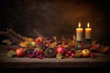 table setting with a lit candle and a variety of fresh fruits. Generative AI