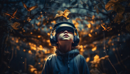 Young adult enjoys autumn forest with headphones generated by AI
