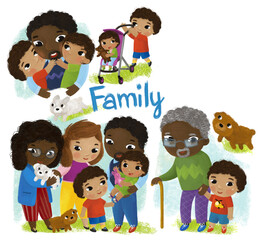 cartoon scene with happy and cheerful family kids on white background illustration