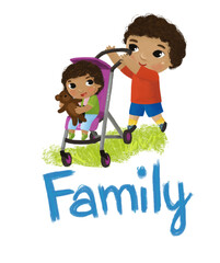 cartoon scene with happy and cheerful family kids on white background illustration