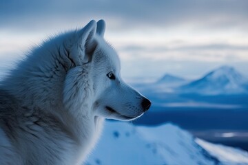 majestic white wolf standing atop a snow-capped mountain. Generative AI