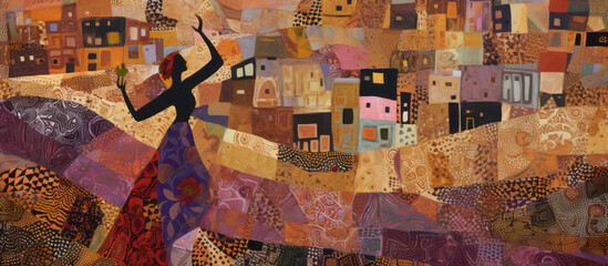 African woman dancing in the streets of a city, colorful painting, generative ai illustration