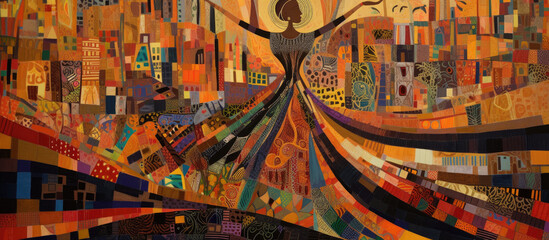 African woman dancing in the streets of a city, colorful painting, generative ai illustration