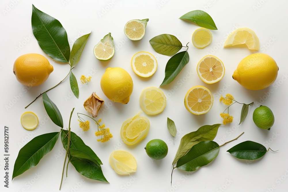 Canvas Prints fresh lemons with green leaves on a white background. Generative AI