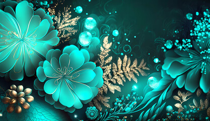 Floral wallpaper. Flowers. Gold and turquoise. Copy space. Banner. Generative AI