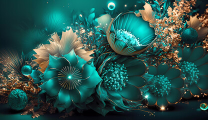 Obraz na płótnie Canvas Floral wallpaper. Turquoise flowers with gold on a turquoise background. Copy space. Banner. Generative AI