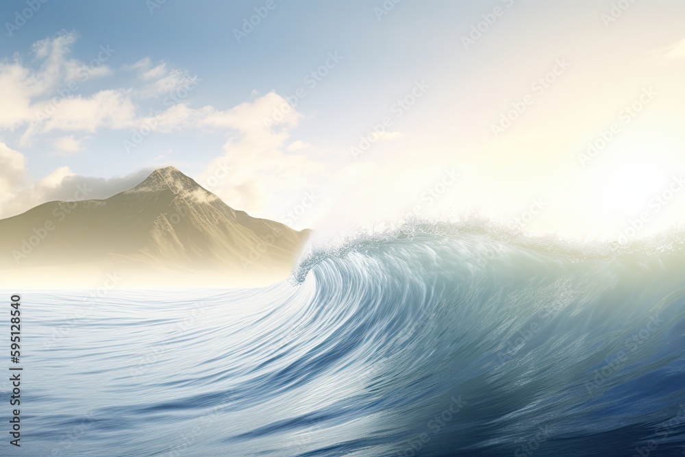 Wall mural massive ocean wave with a majestic mountain peak in the backdrop. Generative AI