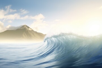 massive ocean wave with a majestic mountain peak in the backdrop. Generative AI