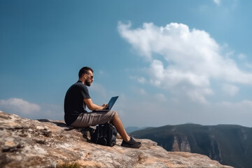 Naklejka na ściany i meble Work from Anywhere: The Digital Nomad Lifestyle of a Mountain Man AI Generated