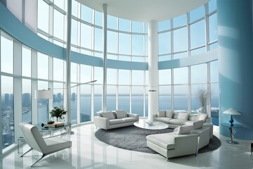 Fototapeta na wymiar spacious and bright living room with large windows and comfortable furniture. Generative AI