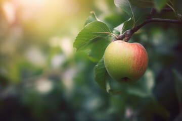 Close-up photo of a ripe apple on a tree branch, showcasing nature's beauty amid lush foliage and vibrant colors, perfect for garden and agriculture themes. Generative AI.