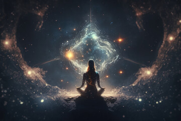 Fototapeta na wymiar Yoga concept with back view woman sitting in lotus pose against starry sky background AI generated