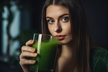 vegan woman drinking green juice from a glass. Generative AI
