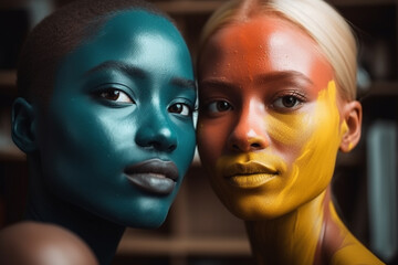 two young women with skin colors. Generative AI