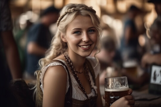woman at oktoberfest with beer mug. Generative AI