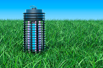 Lamp mosquito electric insect killer, lantern on the green grass against blue sky, 3D rendering