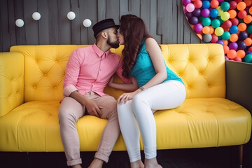 Obraz premium love kiss and care, young adult man and woman, couple in relationship. Generative AI