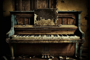 Grunge old piano artistic photography. Aged retro musical instrument. Ai generated
