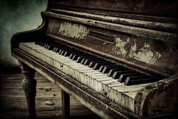 Fototapeta na wymiar Grunge old piano artistic photography. Aged retro musical instrument. Ai generated