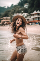 Obraz premium Junge Frau hat sehr viel Spaß am Strand KI