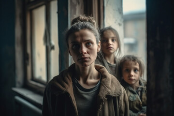 Obraz premium gloomy mood because of a fictitious problem, mother with her two children in the house at the window, sadness or worries. Generative AI