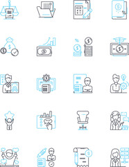 Fototapeta na wymiar Finance and accounting linear icons set. Budgeting, Taxes, Auditing, Payroll, Investments, Assets, Liabilities line vector and concept signs. Debt,Cashflow,Profit outline illustrations