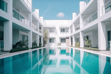 Fototapeta premium large hotel with swimming pool, hotel complex new building in white color with water in the swimming pool. Generative AI