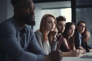 Obraz premium group team in teamwork, business people in suit at table indoor. Generative AI