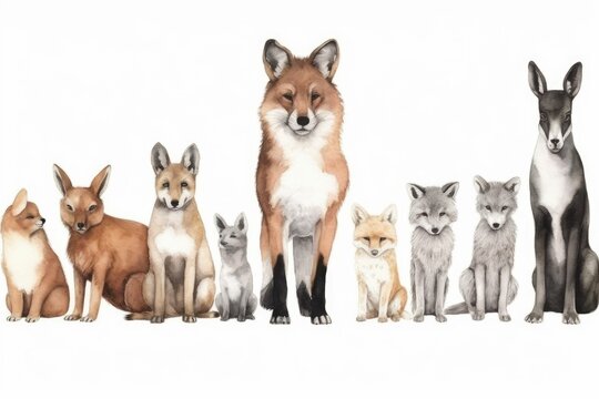 group of red foxes sitting together in a forest. Generative AI