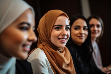 young adult women side by side, smiling and beaming good mood and joy, fun and entertainment in group, friends or team. Generative AI