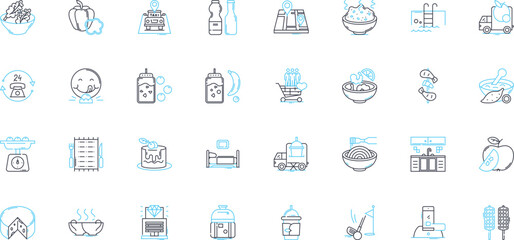 Buffet meals linear icons set. Feast, Spread, All-you-can-eat, Bountiful, Plentiful, Abundance, Buffet line vector and concept signs. Smorgasbord,Carnival,Gourmet outline illustrations