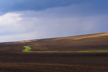Pierwsza pozimowa burza nad polami wiosną, ziemia uprawna na Wschodniej Europie.