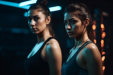 young women in sports outfit trains her body and muscles in studio. Generative AI