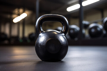 Naklejka na ściany i meble An empty gym awaits, its kettlebell poised for the next workout, embodying the dedication and strength required for a fitness journey and pursuit of a healthier lifestyle. Generative AI.