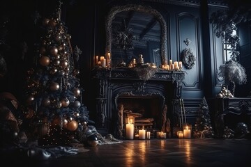 Fototapeta na wymiar luxury interior, christmas tree, fireplace, generative AI