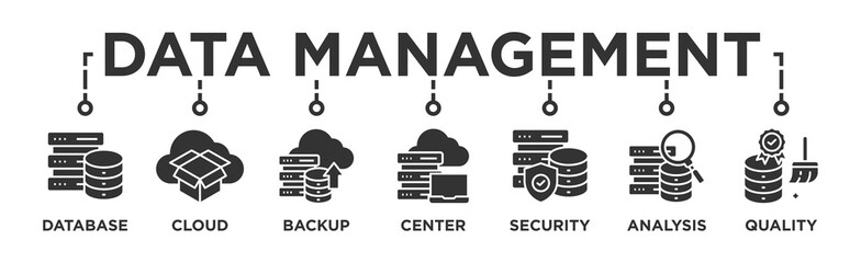 Data Management banner web icon vector illustration concept with icon of database, cloud storage incremental backup, data center, data security, data analysis, data quality