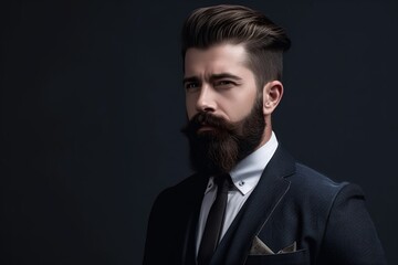Obraz premium Photograph of businessman with beard and neat hair with dark background, copyspace cool 