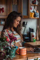 Young mother to be using laptop at home.