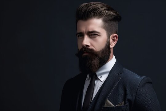 Photograph of businessman with beard and neat hair with dark background, copyspace cool 
