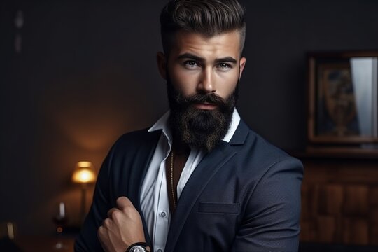 Photograph of businessman with beard looking at camera with dark background, copyspace