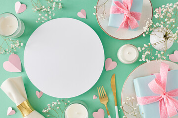 Festive Mother's Day table setting concept. Top view photo of plate and cutlery napkin gift boxes...