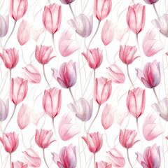 Fototapeta na wymiar Tulips- Seamless Floral Print - Seamless Watercolor Pattern Flowers - perfect for wrappers, wallpapers, postcards, greeting cards, wedding invitations, romantic events.