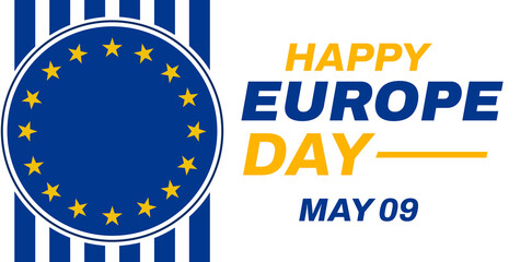 Europe Day background with blue European Union flag along with typography on the side. Happy Europe Day celebration concept design