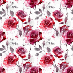 Red Roses- Seamless Floral Print - Seamless Watercolor Pattern Flowers - perfect for wrappers, wallpapers, postcards, greeting cards, wedding invitations, romantic events.